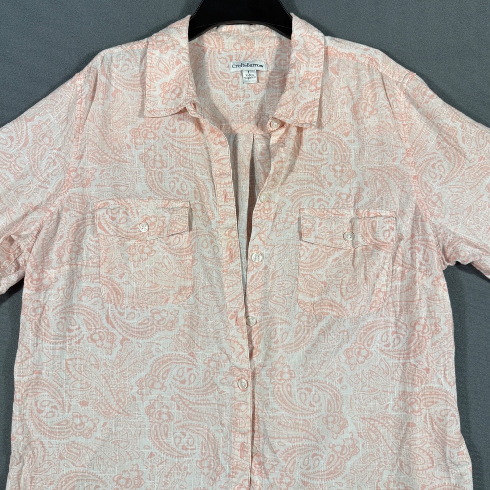 Croft & Barrow Shirt Women L Pink Paisley Button Up 3/4 Sleeve Cotton Slub Top